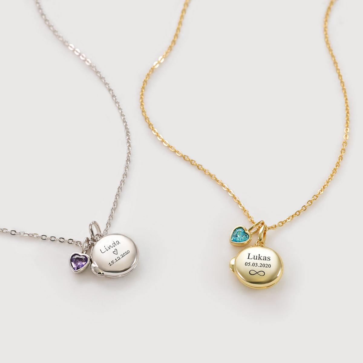 Mini Medaillon Kette mit Herz-Geburtsstein – Silber mit Namen 'Linda' und Gold mit Namen 'Lukas' im Vergleich