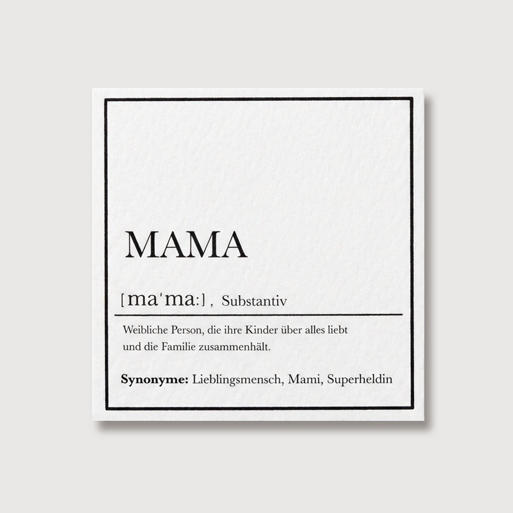 Grußkarte für Mama im Wörterbuch-Stil mit Definition und Synonymen wie „Lieblingsmensch, Mami“
