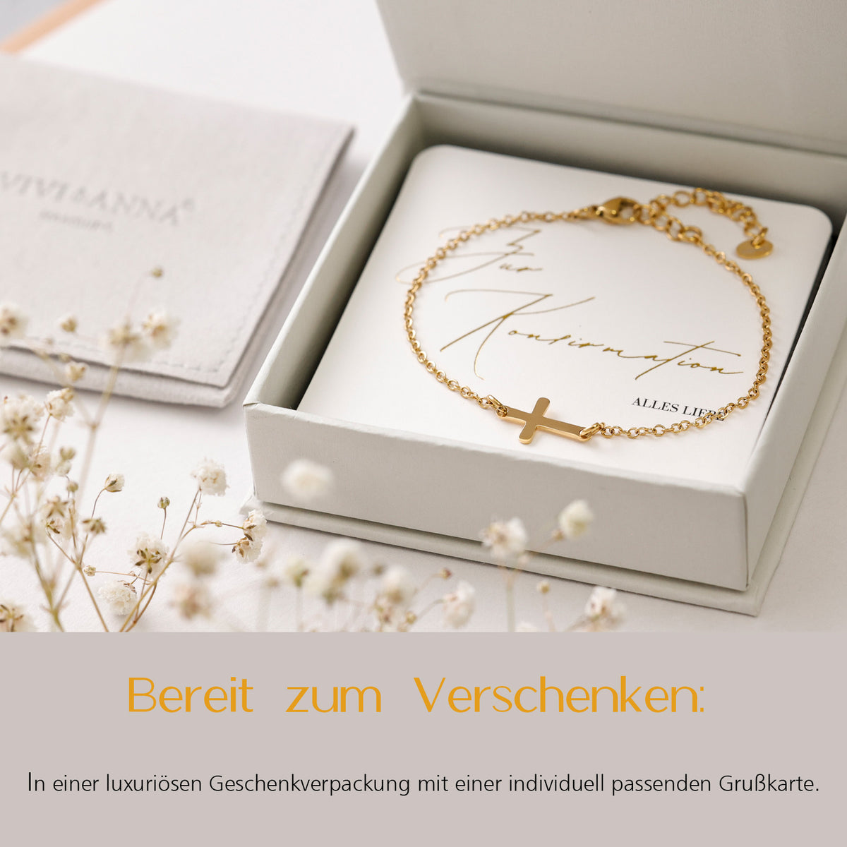 Kreuz-Armband mit Gravur in Gold in Geschenkverpackung mit Konfirmations-Grußkarte, 'Bereit zum Verschenken'