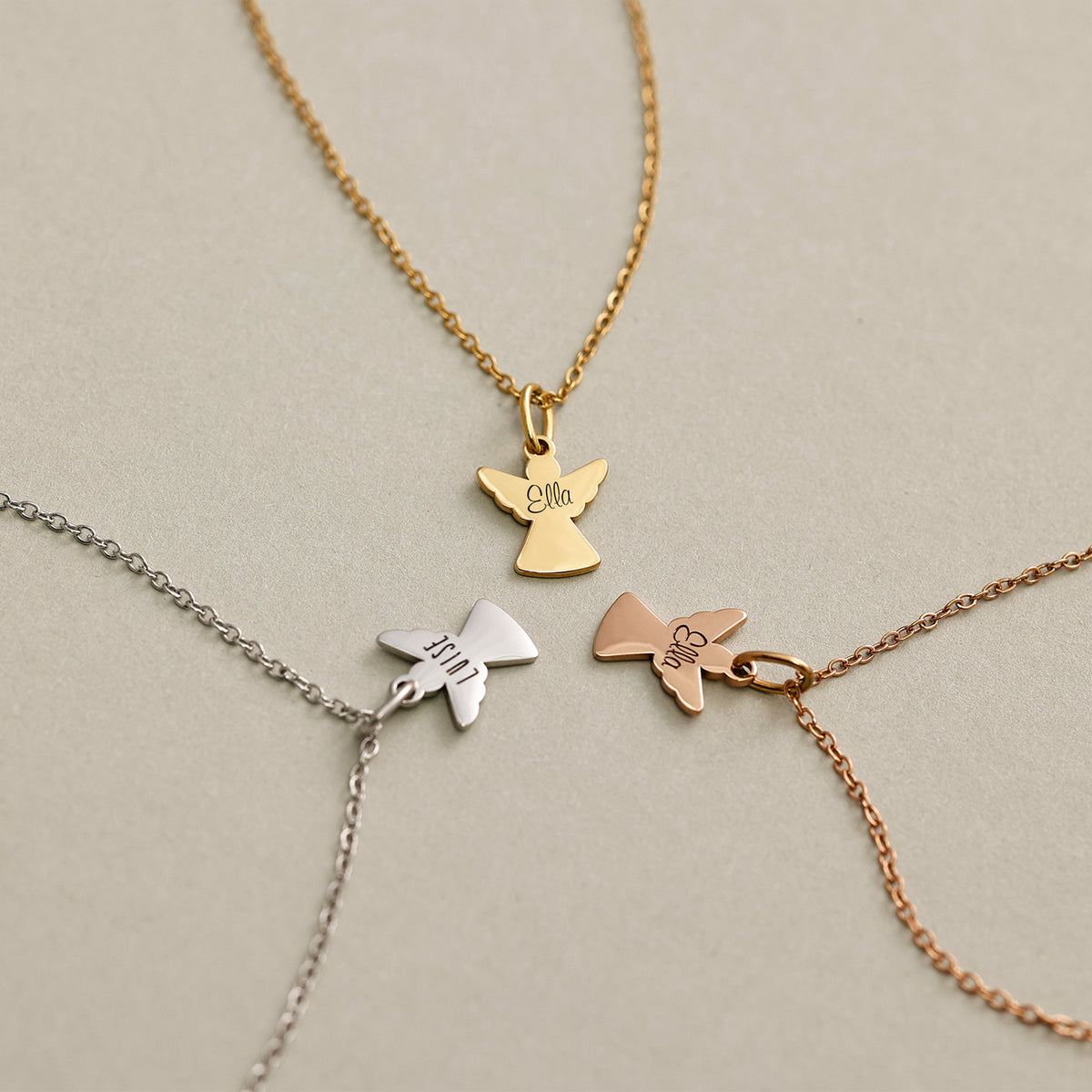 Schutzengel-Kette mit Gravur in Gold, Silber und Roségold im Farbvergleich