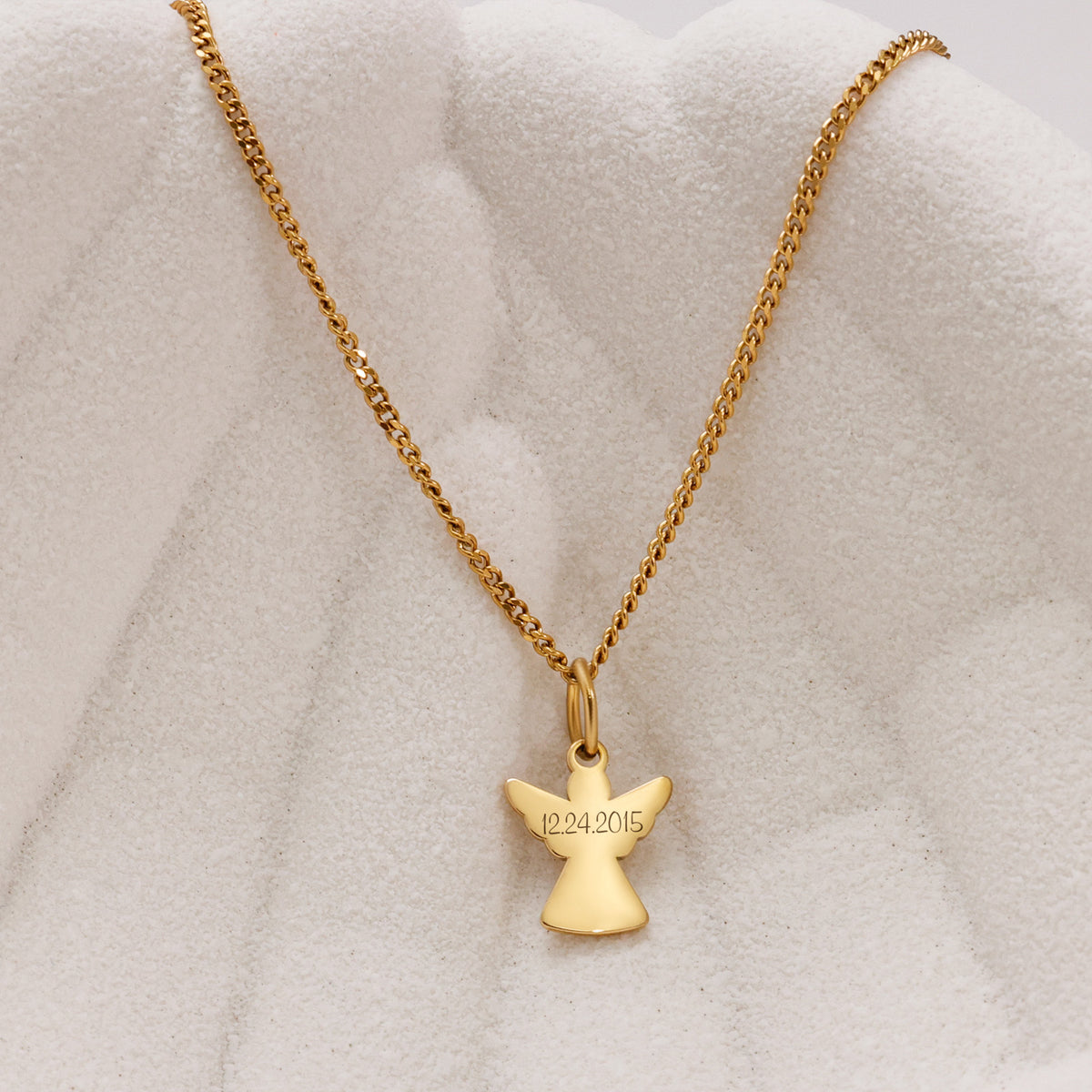 Schutzengel-Kette mit Wunschgravur in Gold, Engel-Anhänger mit graviertem Datum