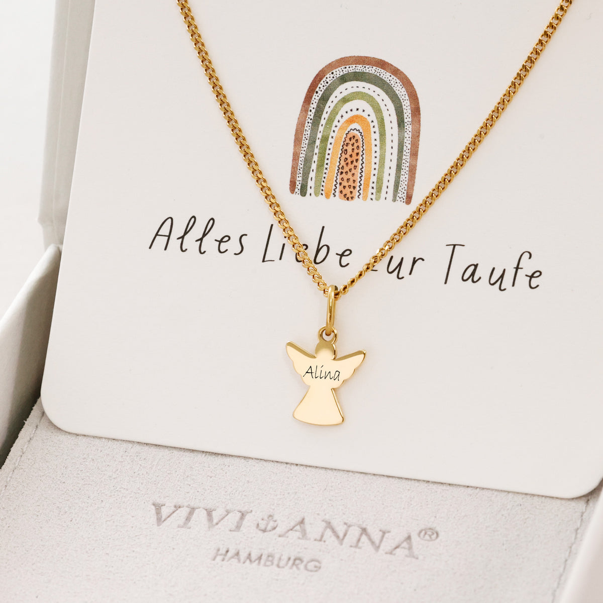 Schutzengel-Kette mit Wunschgravur in Gold, graviert mit Name Alina, Geschenkbox zur Taufe