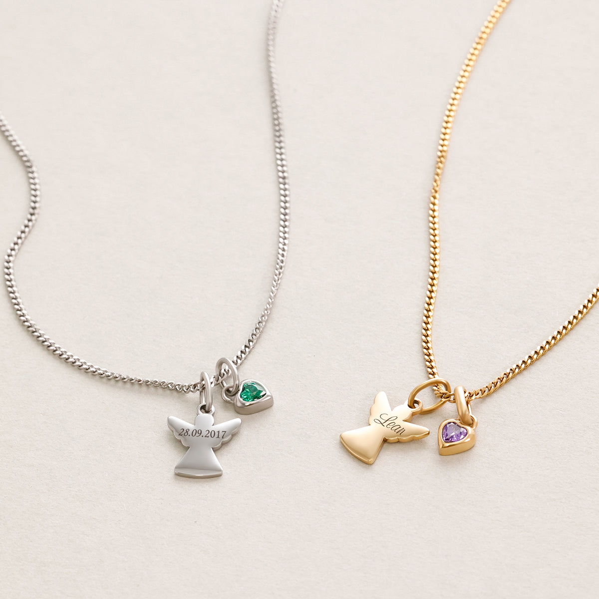 Schutzengel-Kette mit Herz Geburtsstein in Silber und Gold im Vergleich, mit Datum und Namensgravur