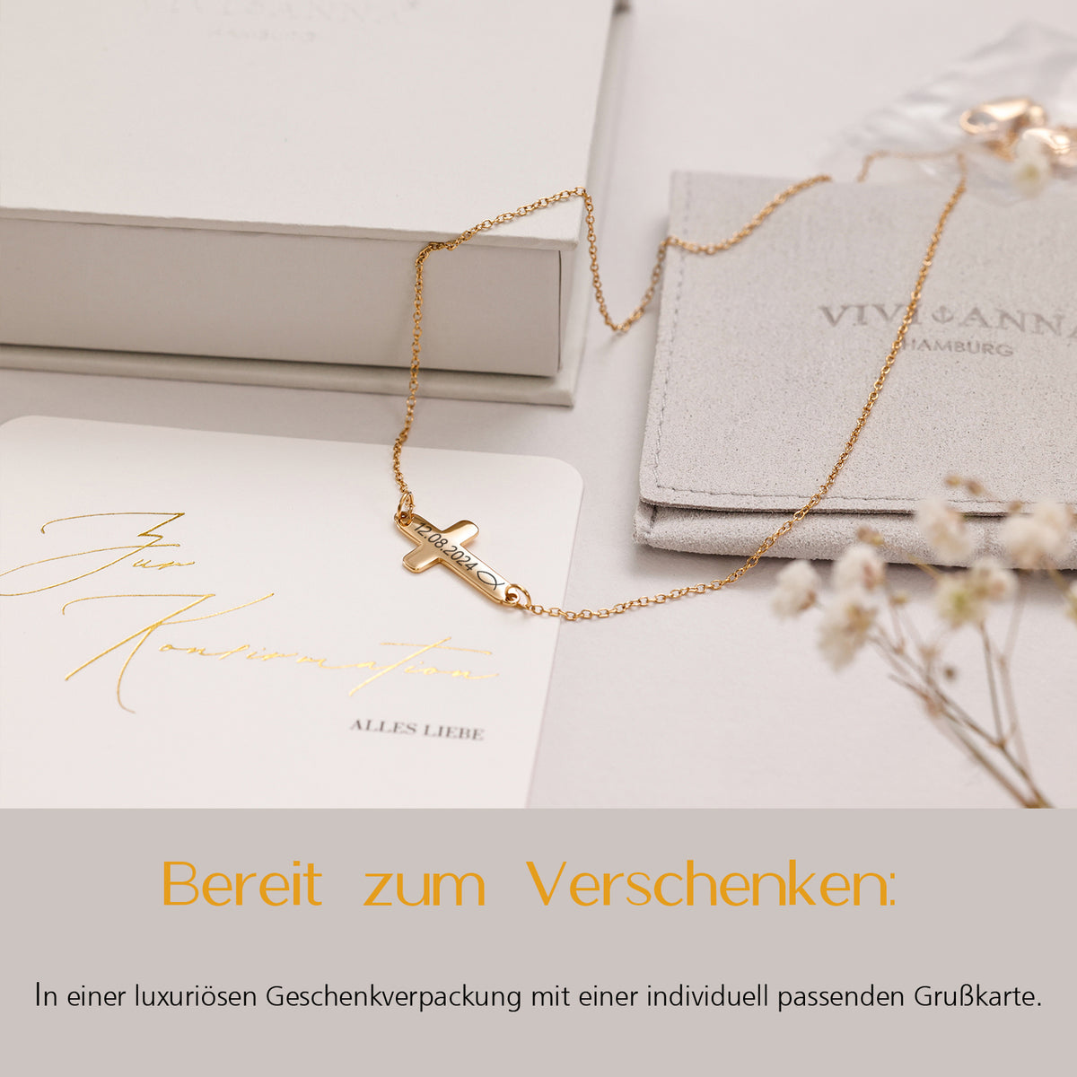 Kreuz-Kette mit Wunschgravur in Gold, versandfertig mit Geschenkverpackung und Konfirmationskarte