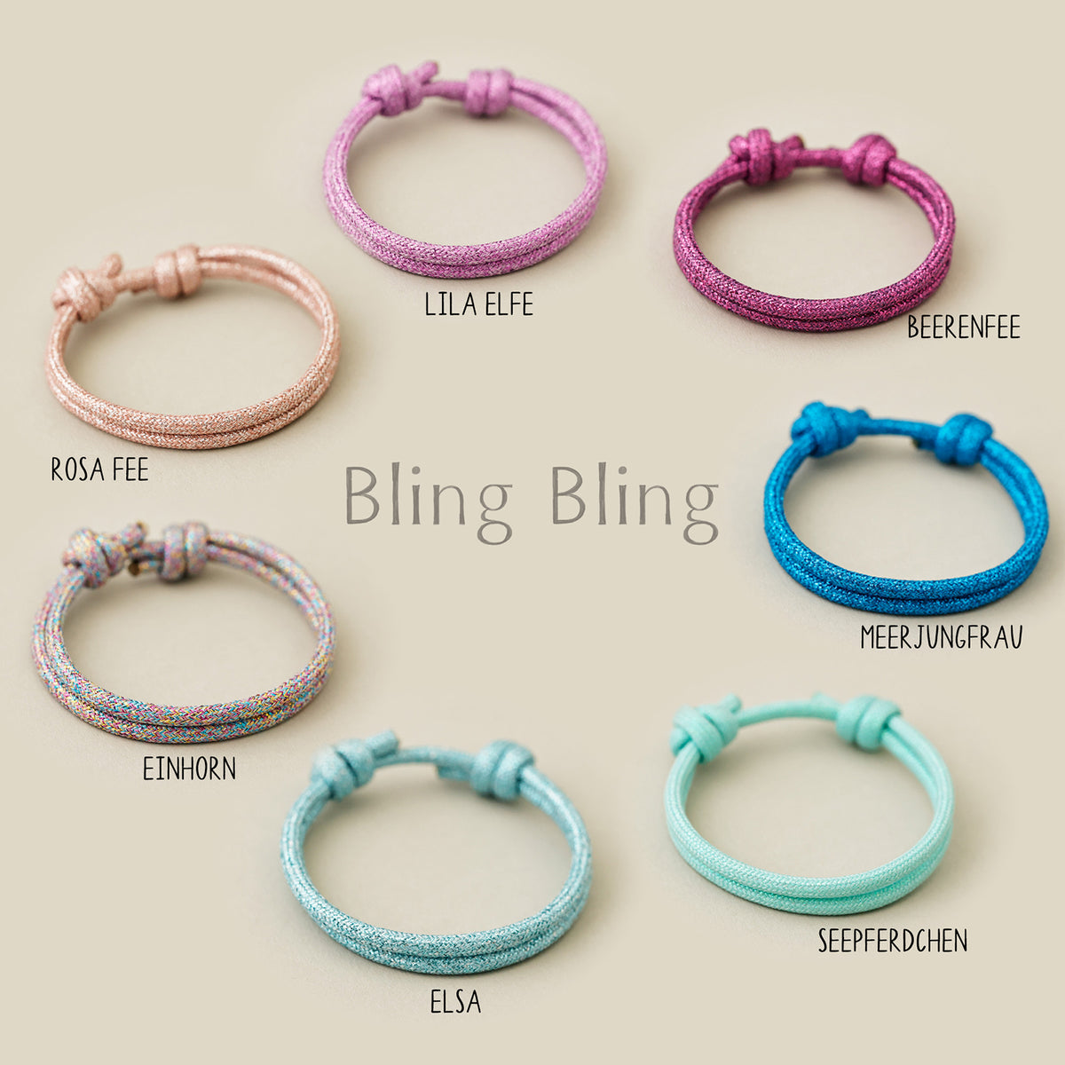 Farbvarianten des Glitzer Segeltau Armbands – sieben Kordelfarben von Rosa Fee bis Seepferdchen