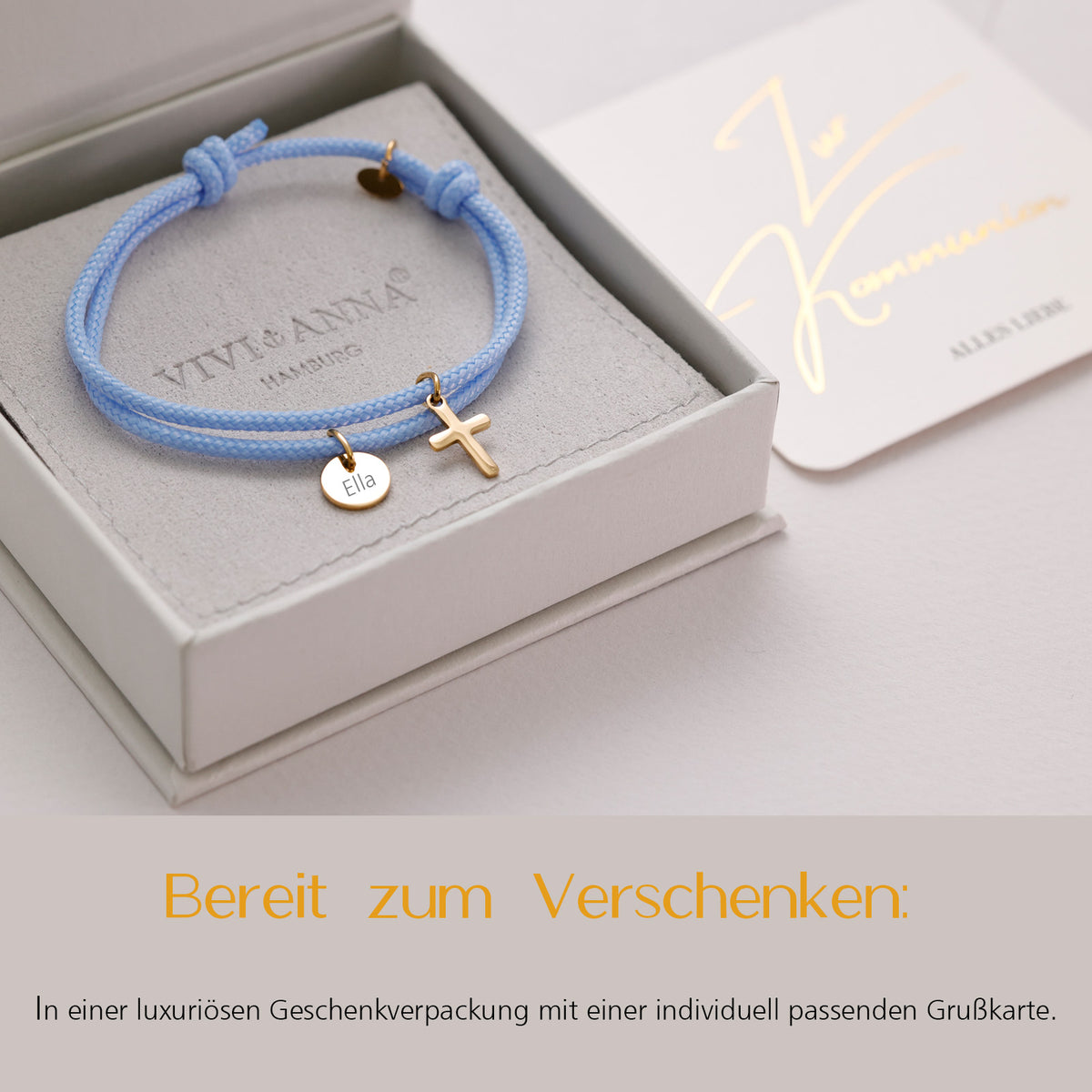 Kreuz-Armband mit personalisiertem Plättchen in Geschenkbox mit Konfirmationskarte, Gravur Ella