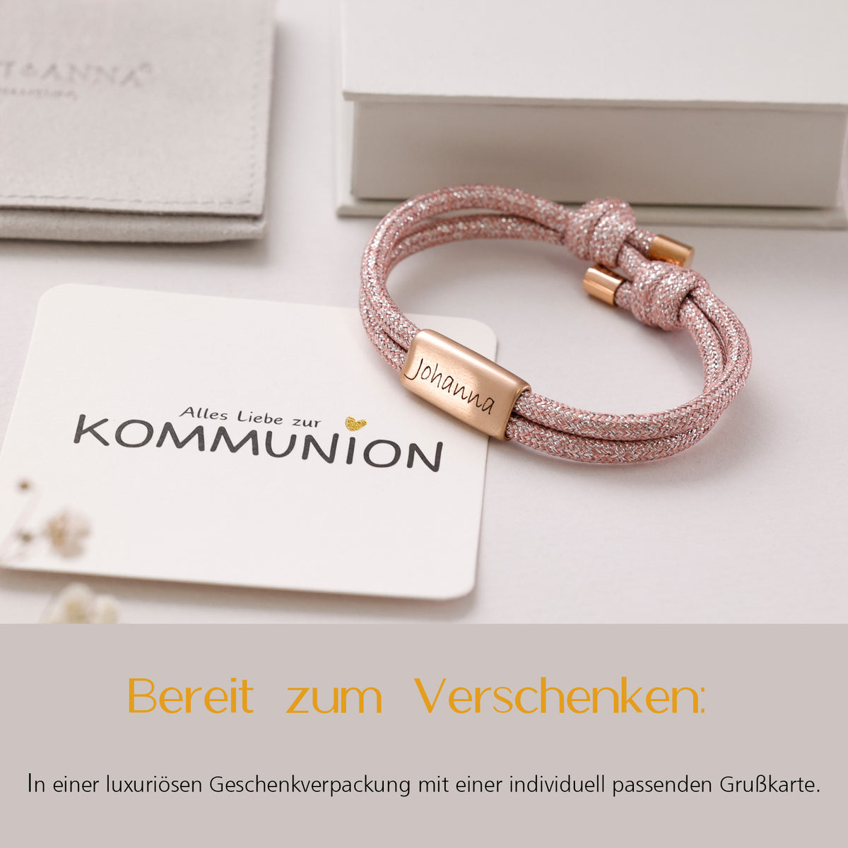 Glitzer Segeltau Armband in Rosé mit Geschenkverpackung und Kommunions-Grußkarte, Plättchen graviert 'Johanna'