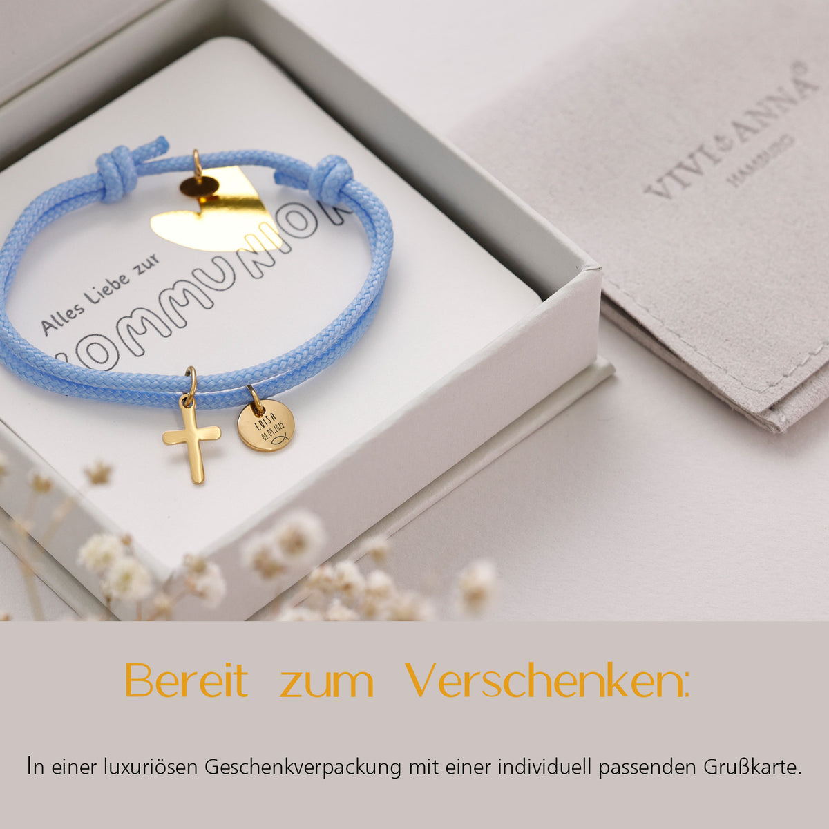 Armband mit Kreuzanhänger in Geschenkbox mit Kommunionkarte, Gravur Luisa