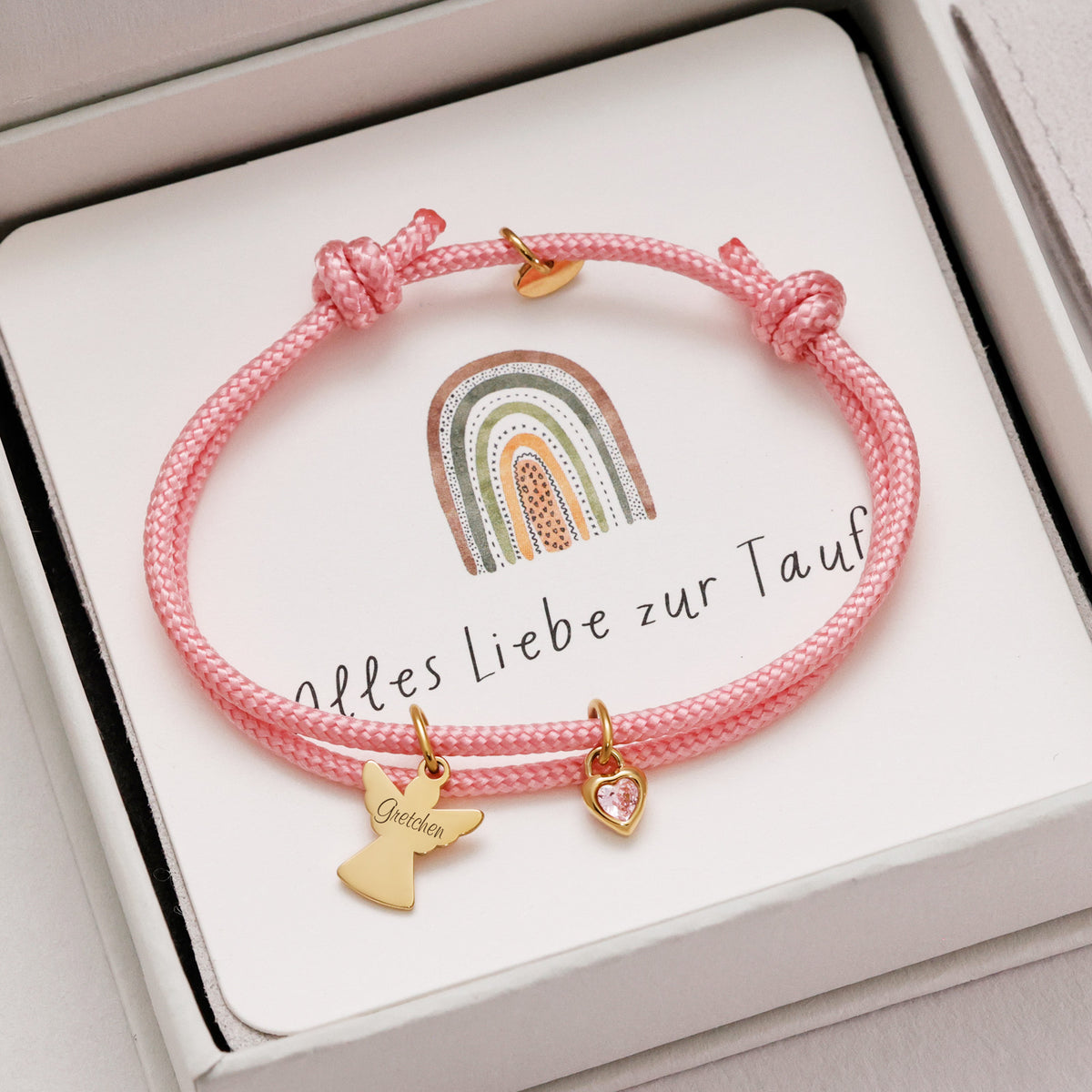 Schutzengel Armband mit Herz Geburtsstein in Rosa und Gold, graviert mit Name Gretchen zur Taufe