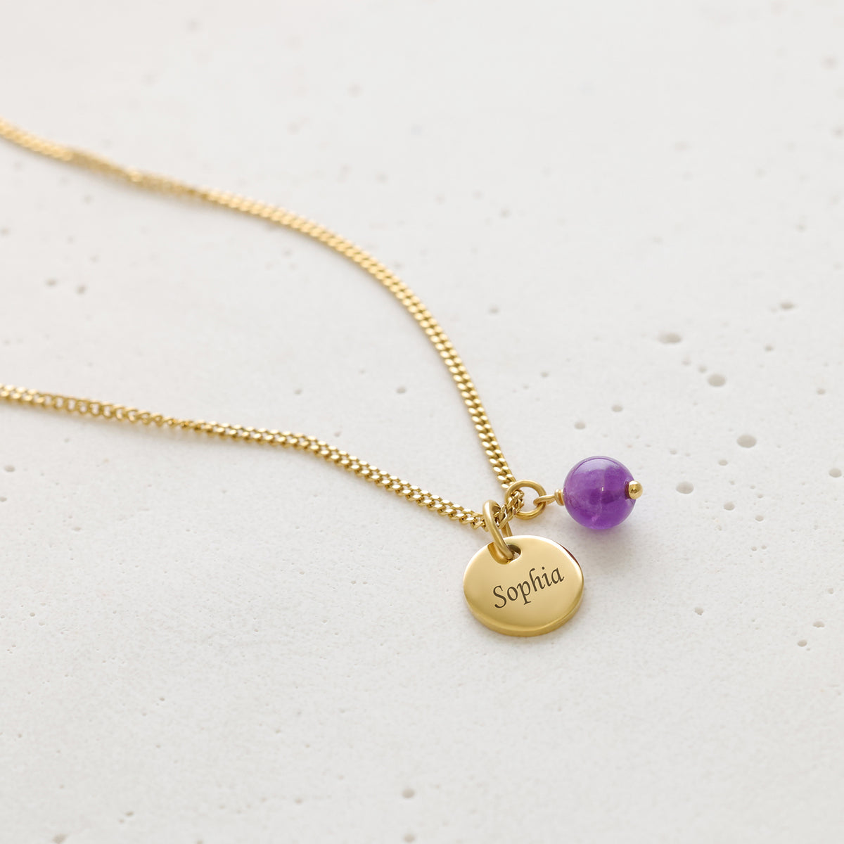 Glücksstein-Halskette Unikat mit Gravurplättchen – Gravur Sophia mit violettem Amethyst-Stein