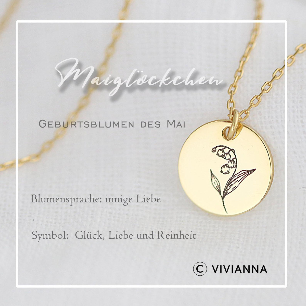 Personalisierte Geburtsblumen Kette in Gold – Anhänger mit Maiglöckchen, Geburtsblume des Monats Mai